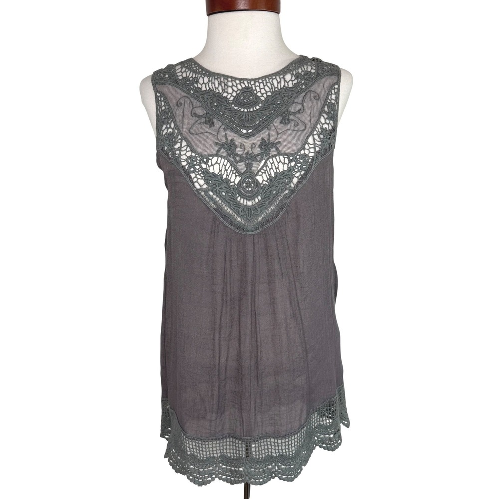 Entro Crochet Lace Trim Tank Top Size‎ M Gray Flowy Boho Forest Fairy Ethereal